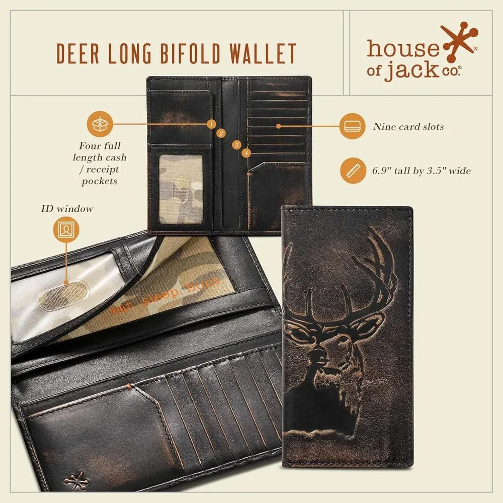 Long Wallet For Men Full Grain Leather With Hand Burnished Finish Deer Hunter